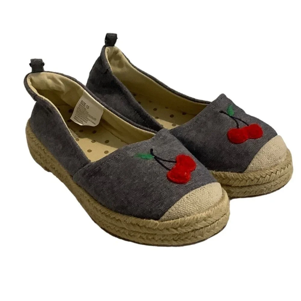 Gymboree Espadrille Shoes Girl Size 13 Cherry Embroidered Blue Denim‎